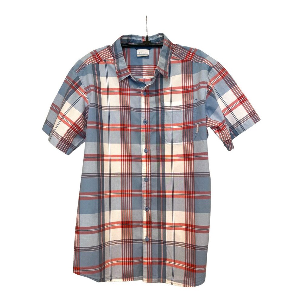 Columbia Red, White & Blue Plaid Button Up Short Sleeve Shirt Men's Size Medium
